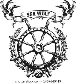 Ship wheel with ribbon vector illustration