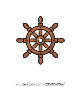 Ship wheel, seafarer handwheel or ship-wheel with handles isolated flat line icon. Vector boat control rudder steering wheel, marine navigation equipment. Vessel control object by captain or sailor,