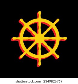 Ship wheel sign. 3D Extruded Yellow Icon with Red Sides a Black background. Illustration.