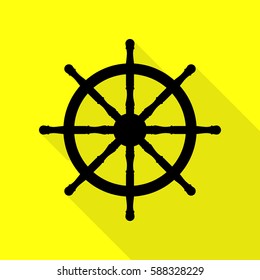 Ship wheel sign. Black icon with flat style shadow path on yellow background.
