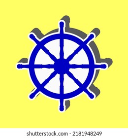 Ship wheel sign. Blue Icon with white stroke in 3d at yellow Background. Illustration.