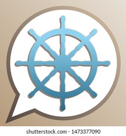 Ship wheel sign. Bright cerulean icon in white speech balloon at pale taupe background. Illustration.