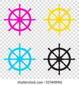 Ship wheel sign. CMYK icons on transparent background. Cyan, magenta, yellow, key, black.