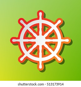 Ship wheel sign. Contrast icon with reddish stroke on green backgound.