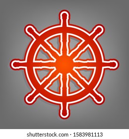 Ship wheel sign. Flat red icon with linear white icon with gray shadow at grayish background. Illustration.