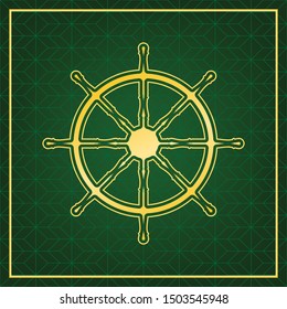 Ship wheel sign. Golden icon with gold contour at dark green gridded white background. Illustration.