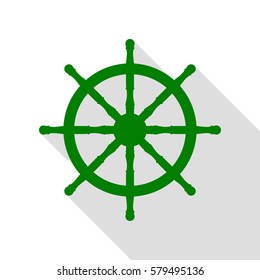 Ship wheel sign. Green icon with flat style shadow path.