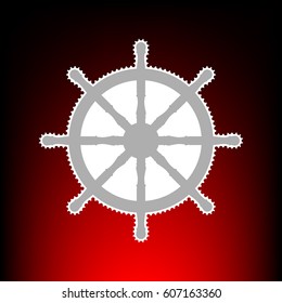 Ship wheel sign. Postage stamp or old photo style on red-black gradient background.