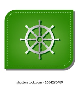 Ship wheel sign. Silver gradient line icon with dark green shadow at ecological patched green leaf. Illustration.