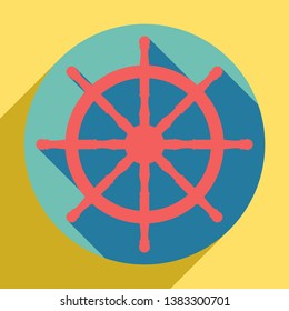 Ship wheel sign. Sunset orange icon with llapis lazuli shadow inside medium aquamarine circle with different goldenrod shadow at royal yellow background.
