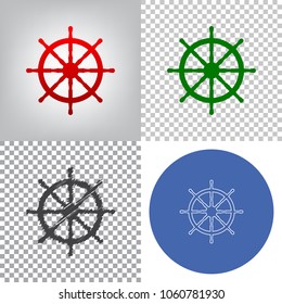 Ship wheel sign. Vector. 4 styles. Red gradient in radial lighted background, green flat and gray scribble icons on transparent and linear one in blue circle.