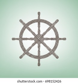 Ship wheel sign. Vector. Brown flax icon on green background with light spot at the center.