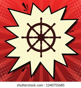 Ship wheel sign. Vector. Dark red icon in lemon chiffon shutter bubble at red popart background with rays.