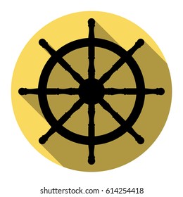 Ship wheel sign. Vector. Flat black icon with flat shadow on royal yellow circle with white background. Isolated.