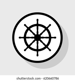 Ship wheel sign. Vector. Flat black icon in white circle with shadow at gray background.