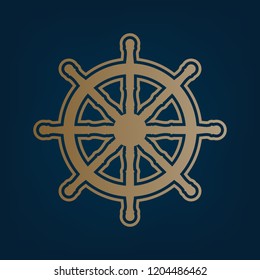 Ship wheel sign. Vector. Golden icon and border at dark cyan background.