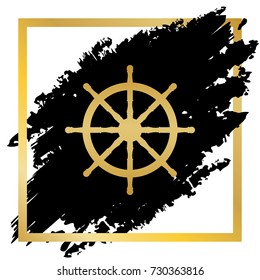 Ship wheel sign. Vector. Golden icon at black spot inside golden frame on white background.