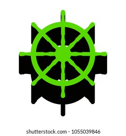 Ship wheel sign. Vector. Green 3d icon with black side on white background. Isolated.