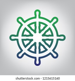 Ship wheel sign. Vector. Green to blue gradient contour icon at grayish background with light in center.