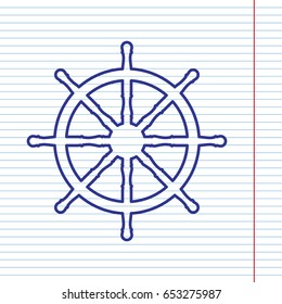 Ship wheel sign. Vector. Navy line icon on notebook paper as background with red line for field.