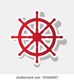 Ship wheel sign. Vector. New year reddish icon with outside stroke and gray shadow on light gray background.