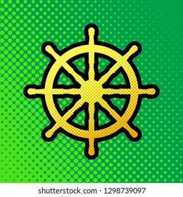 Ship wheel sign. Vector. Pop art orange to yellow dots-gradient icon with black contour at greenish background.