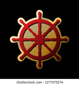 Ship wheel sign. Vector. Red icon with small black and limitless shadows at golden sticker on black background.