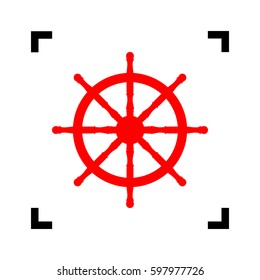 Ship wheel sign. Vector. Red icon inside black focus corners on white background. Isolated.