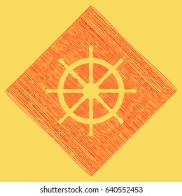 Ship wheel sign. Vector. Red scribble icon obtained as a result of subtraction rhomb and path. Royal yellow background.