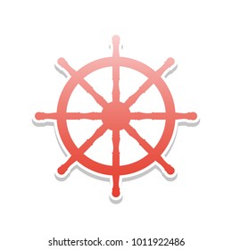 Ship wheel sign. Vector. Reddish icon with white and gray shadow on white background. Isolated.