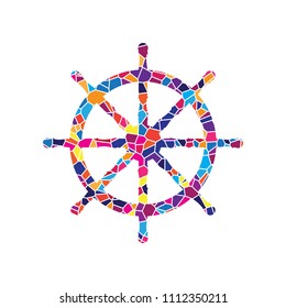 Ship wheel sign. Vector. Stained glass icon on white background. Colorful polygons. Isolated.