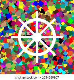 Ship wheel sign. Vector. White icon on colorful background with seamless pattern from squares.