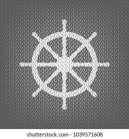 Ship wheel sign. Vector. White knitted icon on gray knitted background. Isolated.