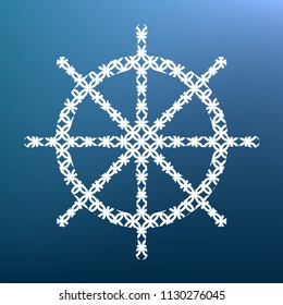 Ship wheel sign. Vector. White textured icon at lapis lazuli gradient background.