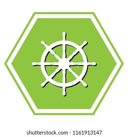 Ship wheel sign. Vector. White icon with black shadow at yellow green honeycomb on white background.