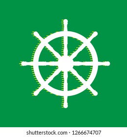 Ship wheel sign. Vector. White flat icon with yellow striped shadow at green background.