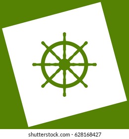 Ship wheel sign. Vector. White icon obtained as a result of subtraction rotated square and path. Avocado background.