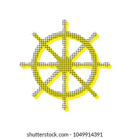 Ship wheel sign. Vector. Yellow icon with square pattern duplicate at white background. Isolated.