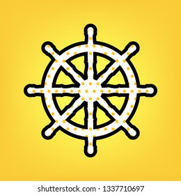 Ship wheel sign. Vector. Yellow polka dot white icon with black contour at warm yellow background.