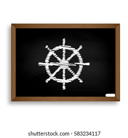 Ship wheel sign. White chalk icon on black school board with sha