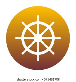 Ship wheel sign. White icon in circle with golden gradient as background. Isolated.
