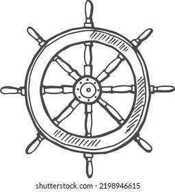 Ship wheel sketch. Retro steering marine symbol engraving