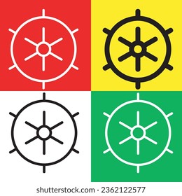 Ship wheel Vector Icon, Outline style icon, from Adventure icons collection, isolated on Red, Yellow, White and Green Background.