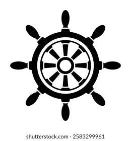 Ship wheel vector illustration. Maritime helm with classic design, encircled by a decorative frame. Perfect for nautical themes, logos, or marine related graphics.