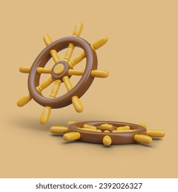 Ship wheel in vertical and horizontal position. Color illustrations with shadows. Boat management equipment. Captain device. Travel by sea, ocean. Navigation symbol
