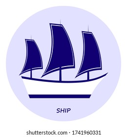 The ship is white and blue, on a light-blue background, with text. For design and icons.