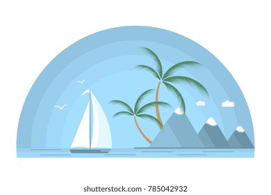 A ship with a white sail against the background of a tropical island with palm trees and mountains. Seascape. Design for a travel company, for water sports, for the yacht club.