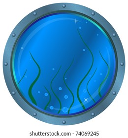 Ship window - porthole with blue sea water and green seaweed