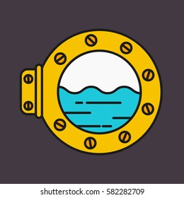 Ship window view to the sea, outline flat vector 