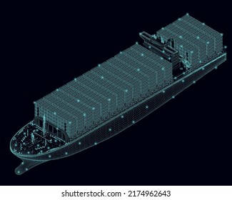 Buque con muchos contenedores hechos de líneas azules aislados en un fondo oscuro. Vista isométrica. 3 D. Ilustración vectorial.